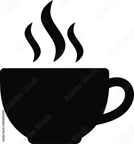 Hot coffee cup icon with steam rising from black ceramic mug for morning breakfast caffeine drink isolated vector design