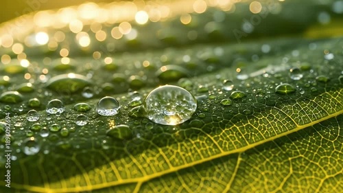 This stunning macro video captures the intricate beauty of a vibrant green leaf, adorned with numerous glistening water droplets. Each clear, spherical bead reflects the soft, golden sunlight, creatin