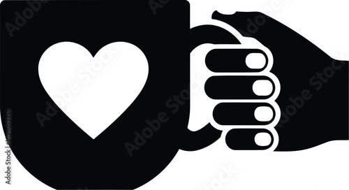 Black mug icon with heart shape silhouette held by hand fingers on handle on transparent background for kitchen beverage