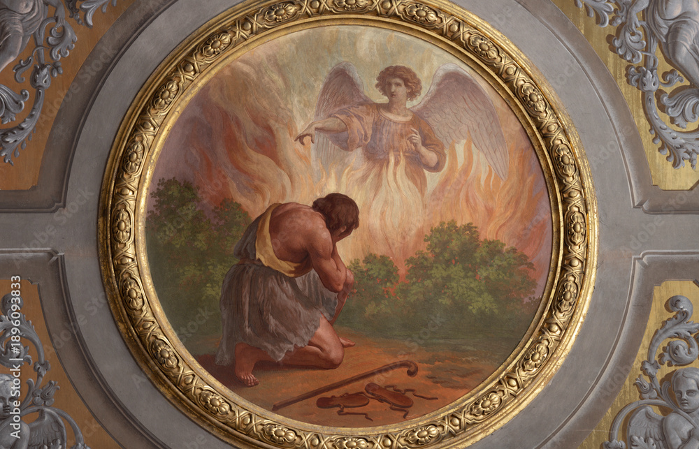 Naklejka premium VIGEVANO, ITALY - JANUARY 18, 2026: The ceiling fresco of God’s Calling of the Young Samuel in the Cathedral of St. Ambrose by Francesco Gonin (1858).