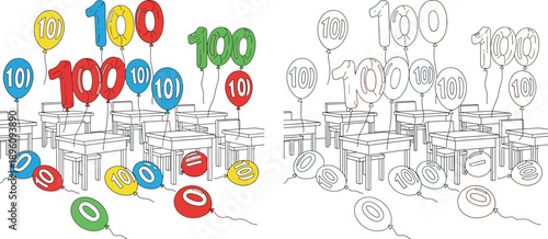 Classroom filled with colorful 100 and 10 balloons celebrating 100 days of school or a milestone in color and outline.