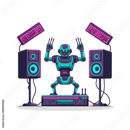 Futuristic robot DJ performing on stage with speakers and lights, celebrating music and technology.