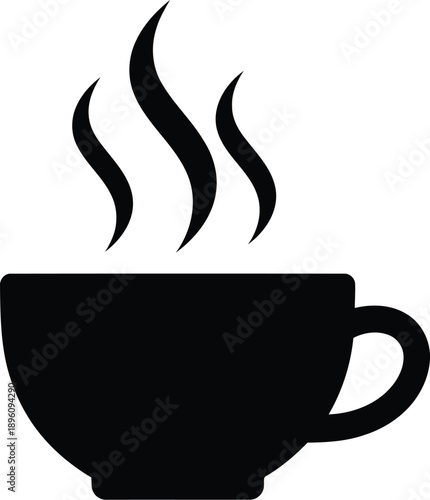 Minimalist black coffee cup silhouette with stylized heat steam waves isolated on transparent background element vector