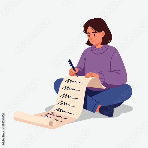 Focused young woman writing a long list while sitting on the floor