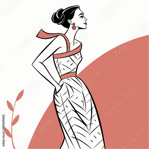 Elegant woman in a stylish dress with pink accents standing confidently