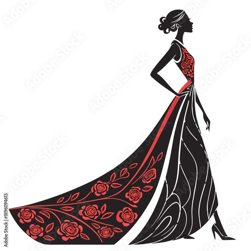 Elegant woman in a long red and black dress with floral pattern standing confidently