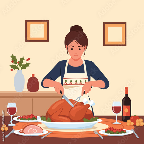 Woman carving delicious Thanksgiving turkey for happy holiday dinner