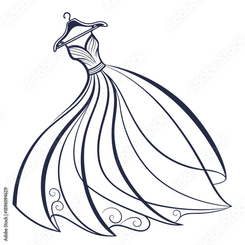Elegant black and white line art of a woman in a flowing dress and hat