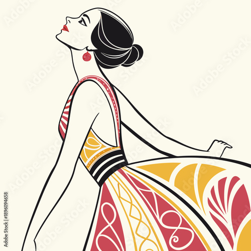 Woman in elegant dress with colorful pattern and red accessories smiling