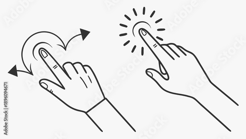 Black line drawing of two hands interacting with touchscreen interface elements