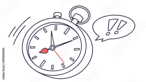 A stopwatch with a speech bubble and exclamation marks