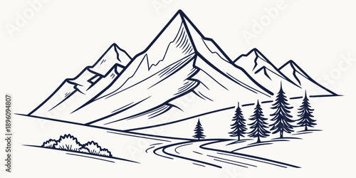 A scenic landscape drawing of mountains and trees with a winding road