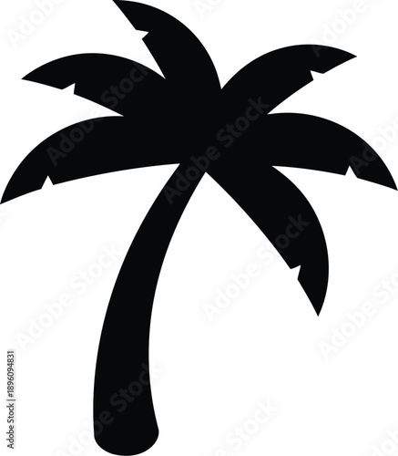 Stylized black silhouette of a single tropical palm tree, featuring broad leaves and a gently curved trunk