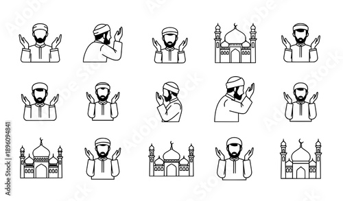 Islamic prayer dua vector icon set with Muslim men and mosque silhouettes