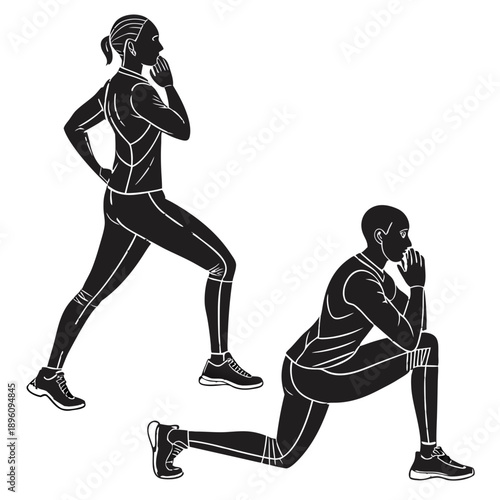 Black and white illustration of man and woman performing lunge exercises