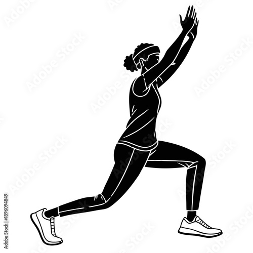 Black silhouette of a woman in a lunge position with her arm raised