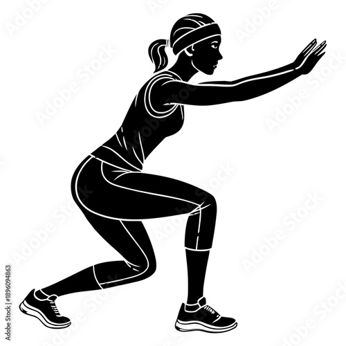 Black silhouette of a woman in a lunge position with arms outstretched