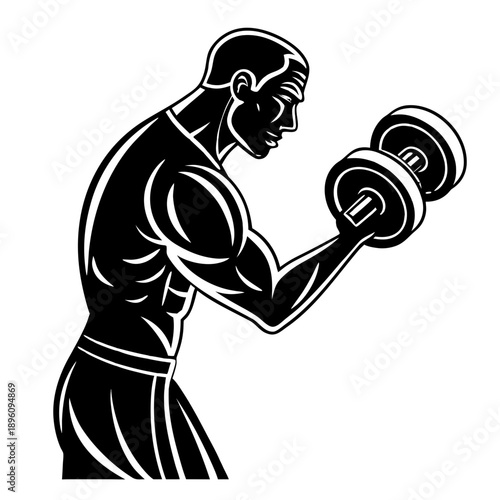 Black and white illustration of a muscular man lifting a dumbbell