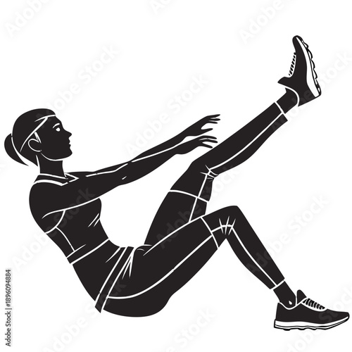 Black silhouette of a woman doing a situp exercise in a simple vector style