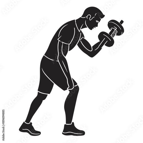 Black silhouette of a man exercising with a dumbbell in hand