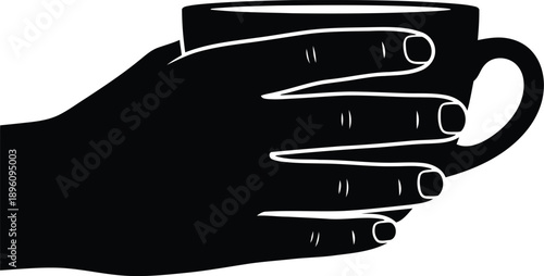 Black silhouette of a hand holding a coffee mug, representing comfort, warmth, and daily routines