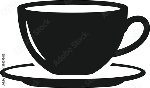 Black silhouette of a coffee cup on a saucer, simple isolated graphic on transparent background.