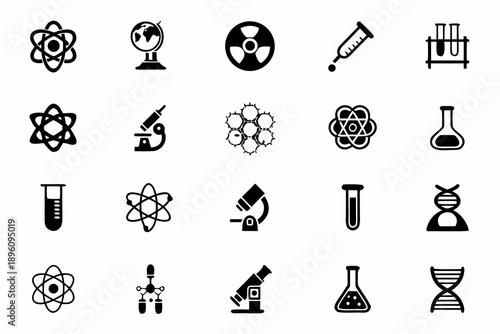 Black and white science icons set including atoms, microscopes, test tubes, and beakers