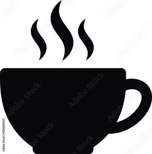 Black silhouette of a steaming coffee cup, simple isolated graphic on transparent background.