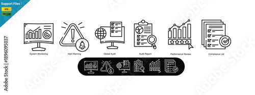 Audit Monitoring web banner icon, with System Monitoring, Alert Warning, Global Audit, Audit Report, Performance Review, Compliance List.