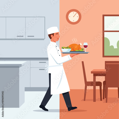 Chef carrying delicious Thanksgiving dinner to dining room for celebration