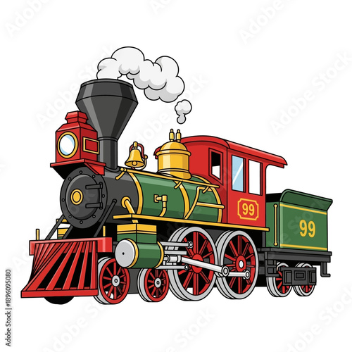 Vintage steam locomotive with red, green, and black colors, emitting smoke from its chimney.