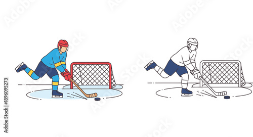 Ice hockey player shooting puck vector illustration set, professional athlete in uniform and black white outline for coloring book or design template, isolated on white background.