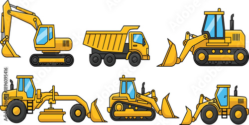 Cartoon illustration of six construction vehicles including excavator, dump truck, bulldozer, road roller, crawler loader, and backhoe loader, heavy machinery for building and earth-moving