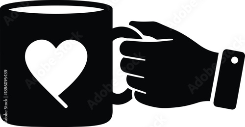 Black silhouette of a hand holding a coffee mug with a heart design isolated on a transparent background