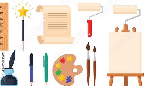 Collection of creative art and writing tools including ruler, wand, scroll, paint rollers, ink bottle, pens, palette, brushes, and easel illustration