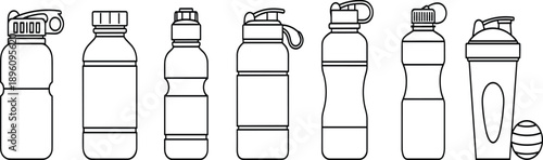 Collection of seven different water bottles in varied designs, including shaker bottle with mixing ball, reusable hydration containers for fitness, sports, travel, and everyday use
