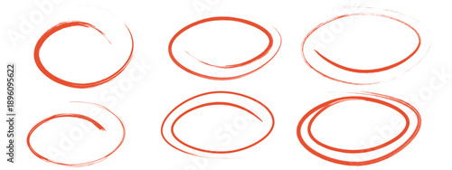 Crayon highlight chalk oval set in red color on white background. Hand drawn circular shapes and frames. Rough textured strokes for natural emphasis marks. Doodle ellipse design elements. Eps10