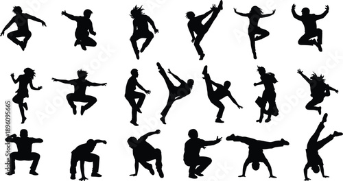 Dynamic silhouettes of dancers and athletes performing energetic poses, expressive movements, fitness routines, and acrobatic gestures, perfect for dance, sports, 