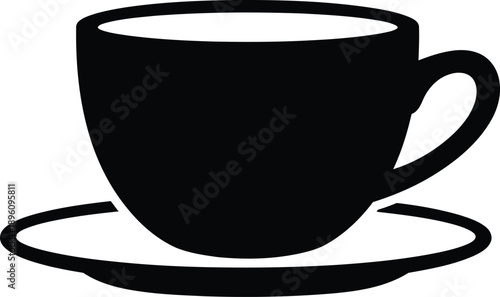 Black coffee cup with saucer icon for restaurant menu design and cafe branding isolated on transparent background element