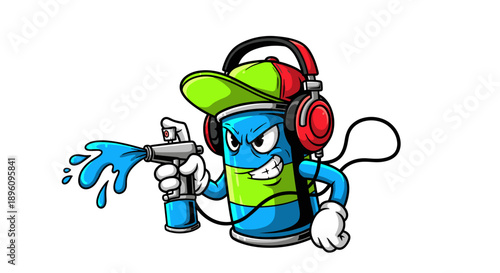 Cartoon Character Wearing Headphones and Spraying Water.