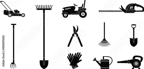 Gardening and landscaping tool silhouettes including lawnmower, rake, hedge trimmer, shovel, gloves, watering can, and leaf blower for outdoor maintenance and lawn care illustration