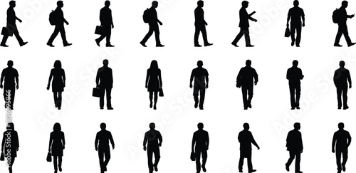 Collection of twenty-four black walking people silhouettes in diverse postures, clothing, and accessories, illustrating pedestrian motion, urban lifestyle, and human behavior for design and analysis