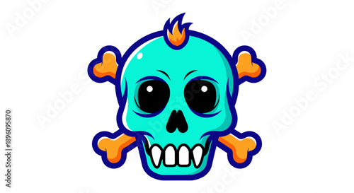 Cartoon Skull with Crossbones and Flame.