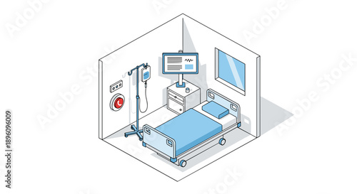 Hospital Room with Medical Equipment and Bed.