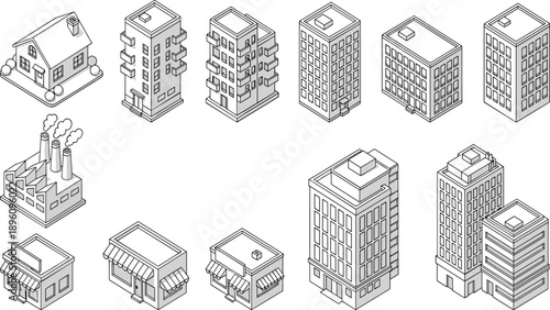Isometric building illustrations featuring residential houses, apartments, office towers, factories, and shops, ideal for urban planning, architectural design, and educational city layout projects