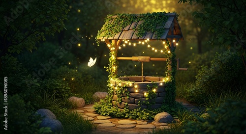 Enchanted Wishing Well Photography with Fairy Lights and Butterfly in Magical Forest at Night, Fantasy Scene for Storytelling and Fairytale Themes