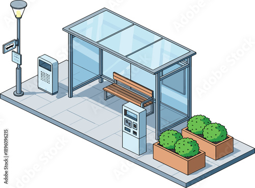 Isometric modern urban bus stop illustration with transparent shelter, wooden bench, ticket machine, streetlamp, greenery planters, tiled pavement, 