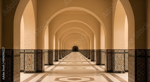 Endless Arched Corridor Perspective Photography with Islamic Geometric Tiles and Copy Space for Design