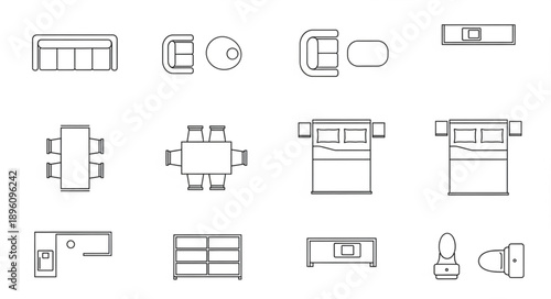 Collection of furniture icons top view architectural drawings.