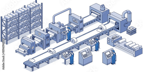 Isometric industrial printing and packaging production line with machines, conveyor belts, workers, and material rolls, showcasing automated workflow, 